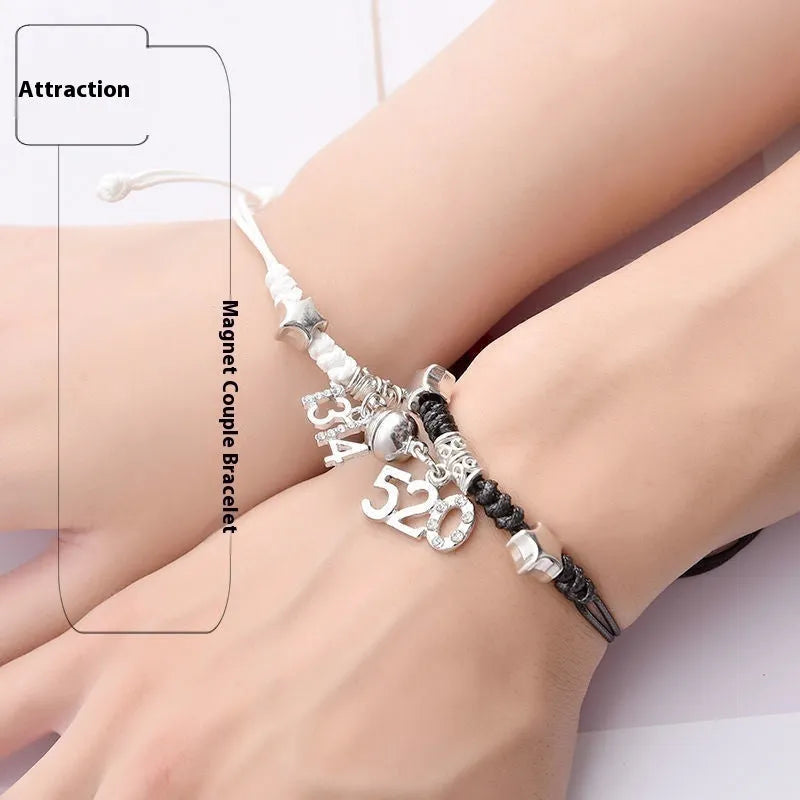 Magnetic couple bracelet set with electroplated alloy construction and various charm designs
