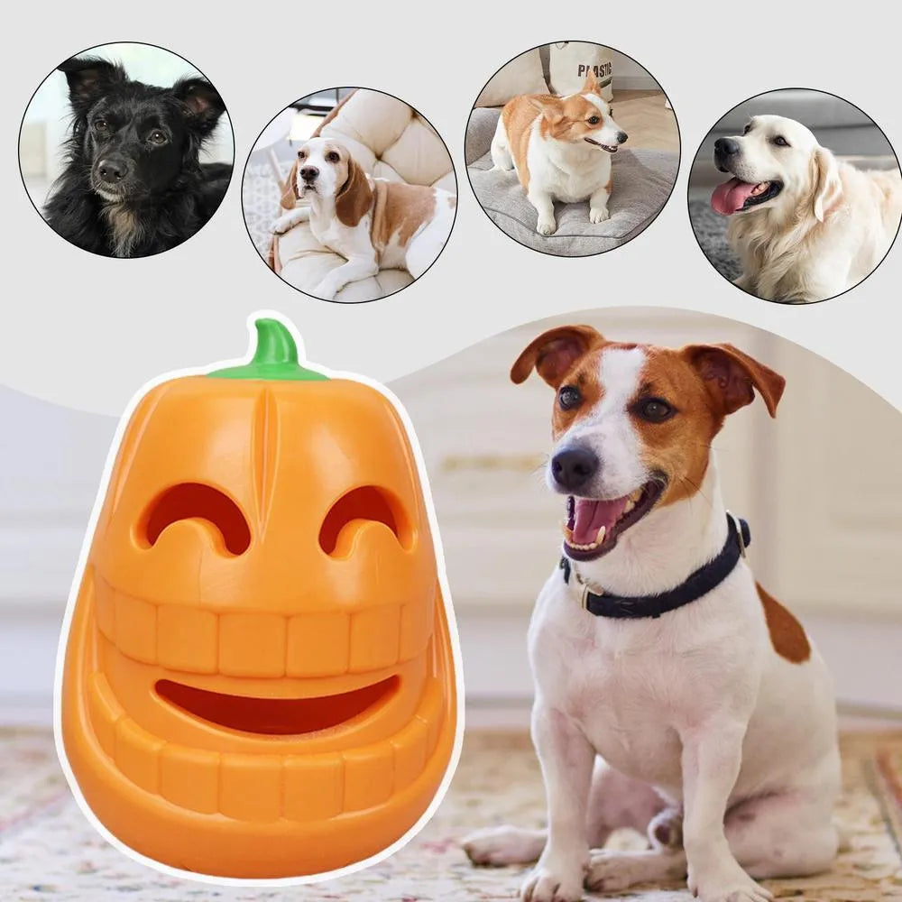 Yellow pumpkin-shaped dog chew toy made from TPR material measuring 8.6x11.5cm