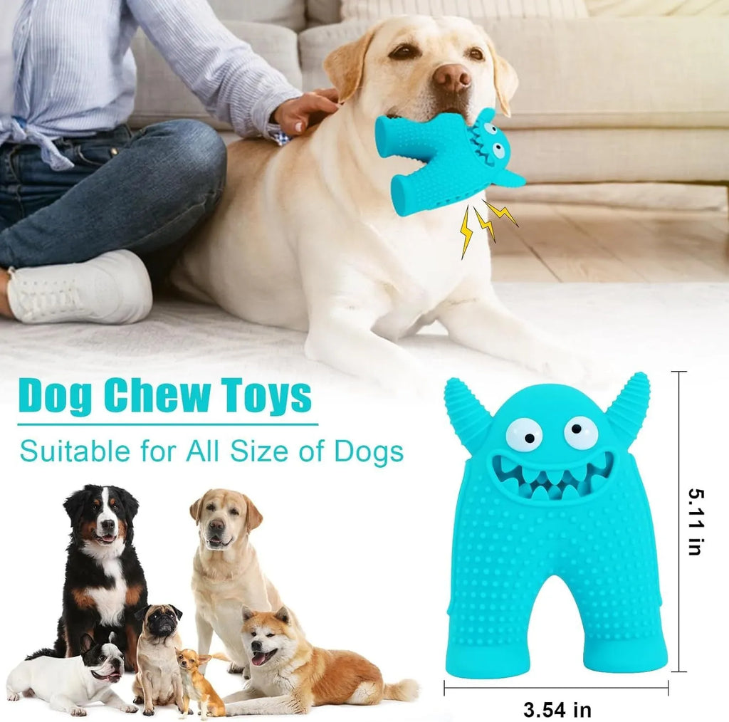 Monster-shaped squeaky dog toy made of natural rubber with tooth slot for cleaning teeth during chew play for small dogs