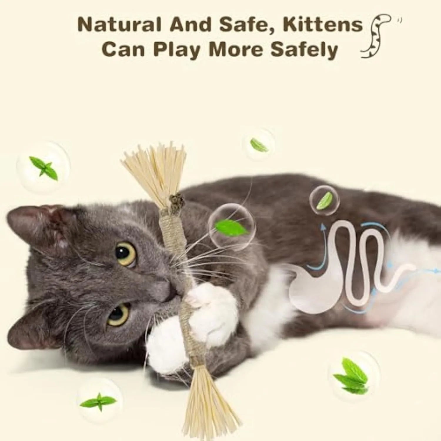 Three natural silvervine cat chew sticks with sisal rope and raffia for dental care and teeth cleaning