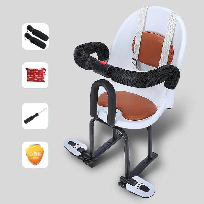 Front-mounted child seat for electric scooters with steel frame in black, red or white
