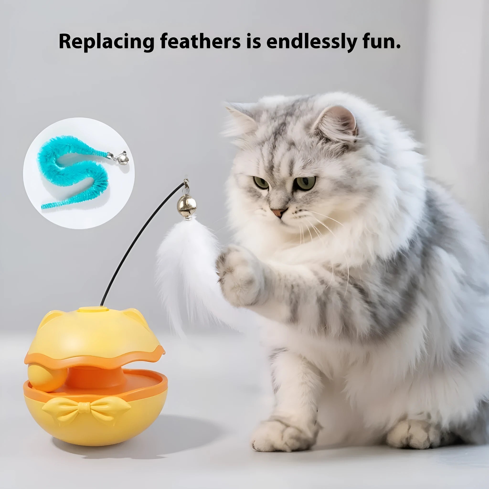 Electric cat toy with a grey tumbler base and a upright, bending wand for interactive play.