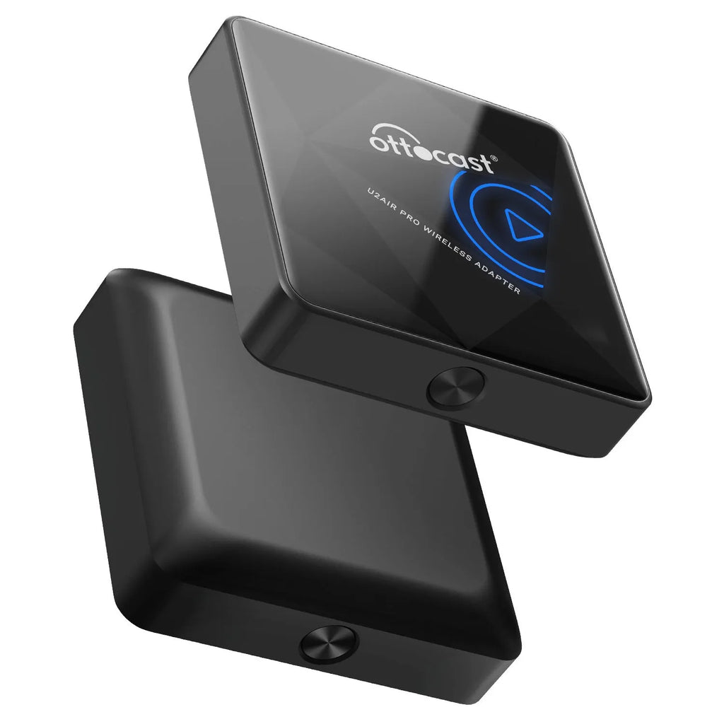 Black wireless car Bluetooth AIBOX with Type-C port on a compact rectangular body