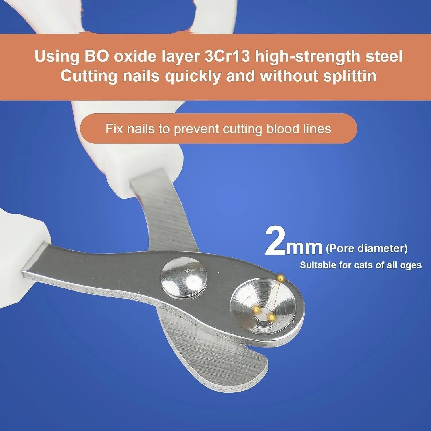 Blue cat nail clippers with circular cut hole design and cushioned non-slip handles.