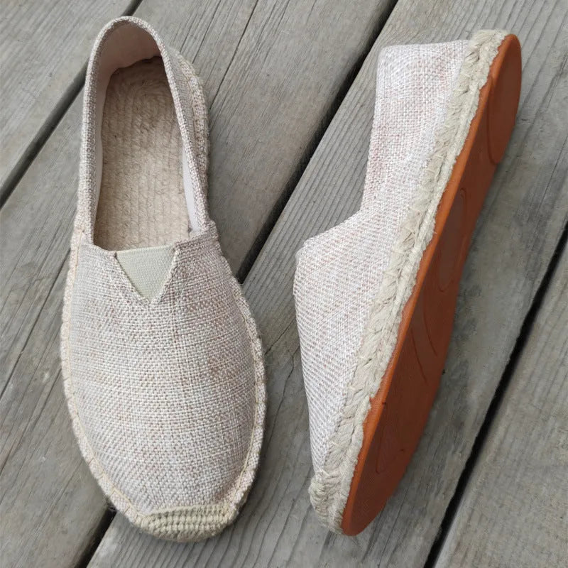 Men's canvas shoes in black, round toe casual slip-on style with breathable fabric