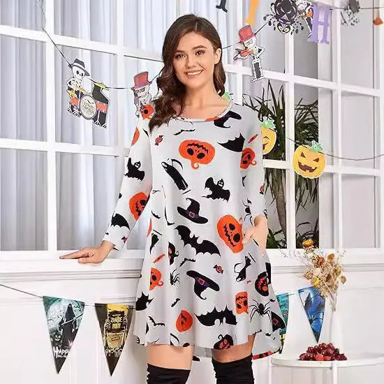 Printed T-shirt dress with A-line skirt, 3D pattern, polyester fabric, available in Halloween and Christmas colours