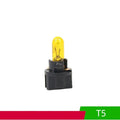 T5 12V 1.2W car dashboard indicator light bulb in multiple colours on white background.