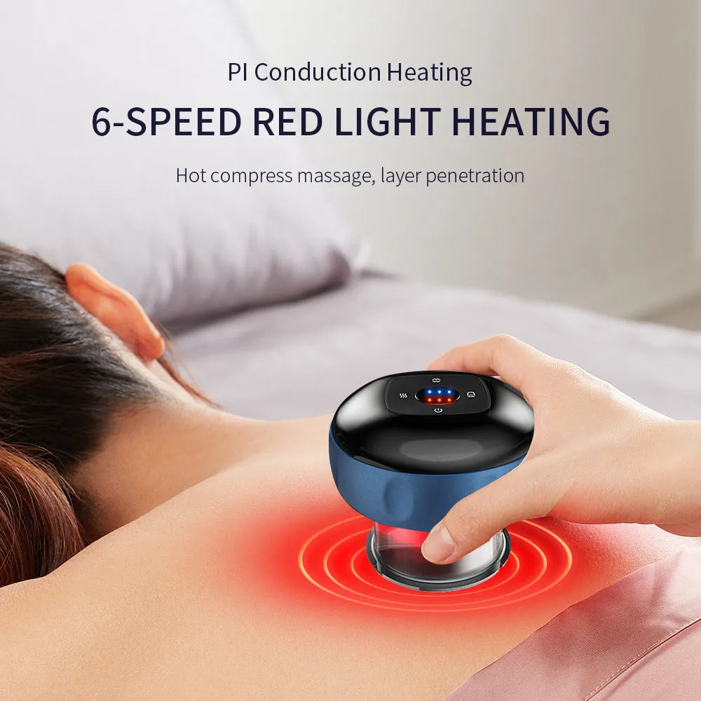 Smart electric vacuum cupping massage device with LCD display and control buttons on a black and blue body.