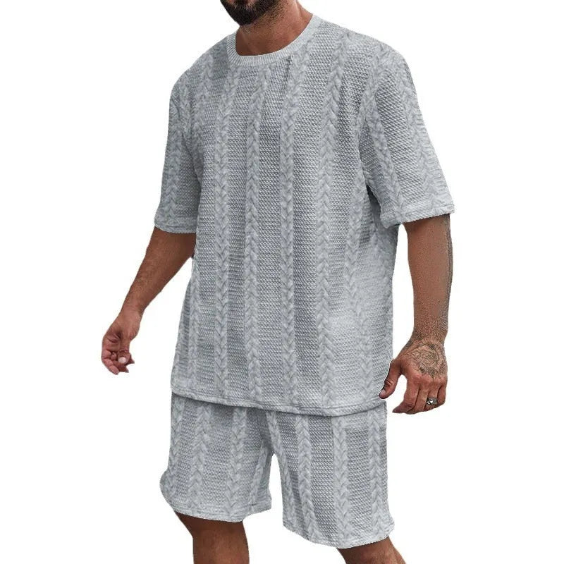 Men's Jacquard knitted summer set showing short sleeve pullover and matching shorts in light grey