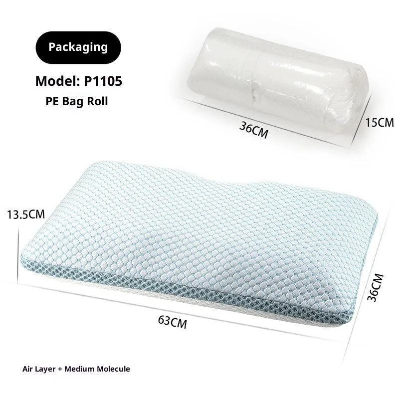 Household cervical memory foam pillow 63x36x13.5cm in medium molecule air layer white and blue finish