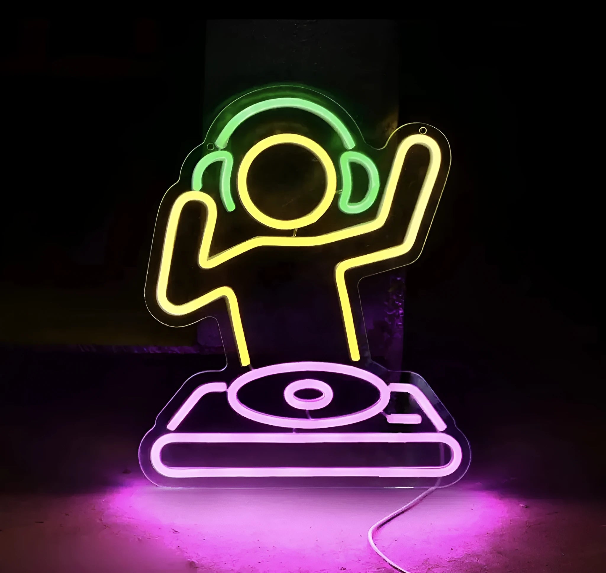 Blue and pink LED neon light strip in a 40x30cm decorative shape for a gaming desktop.