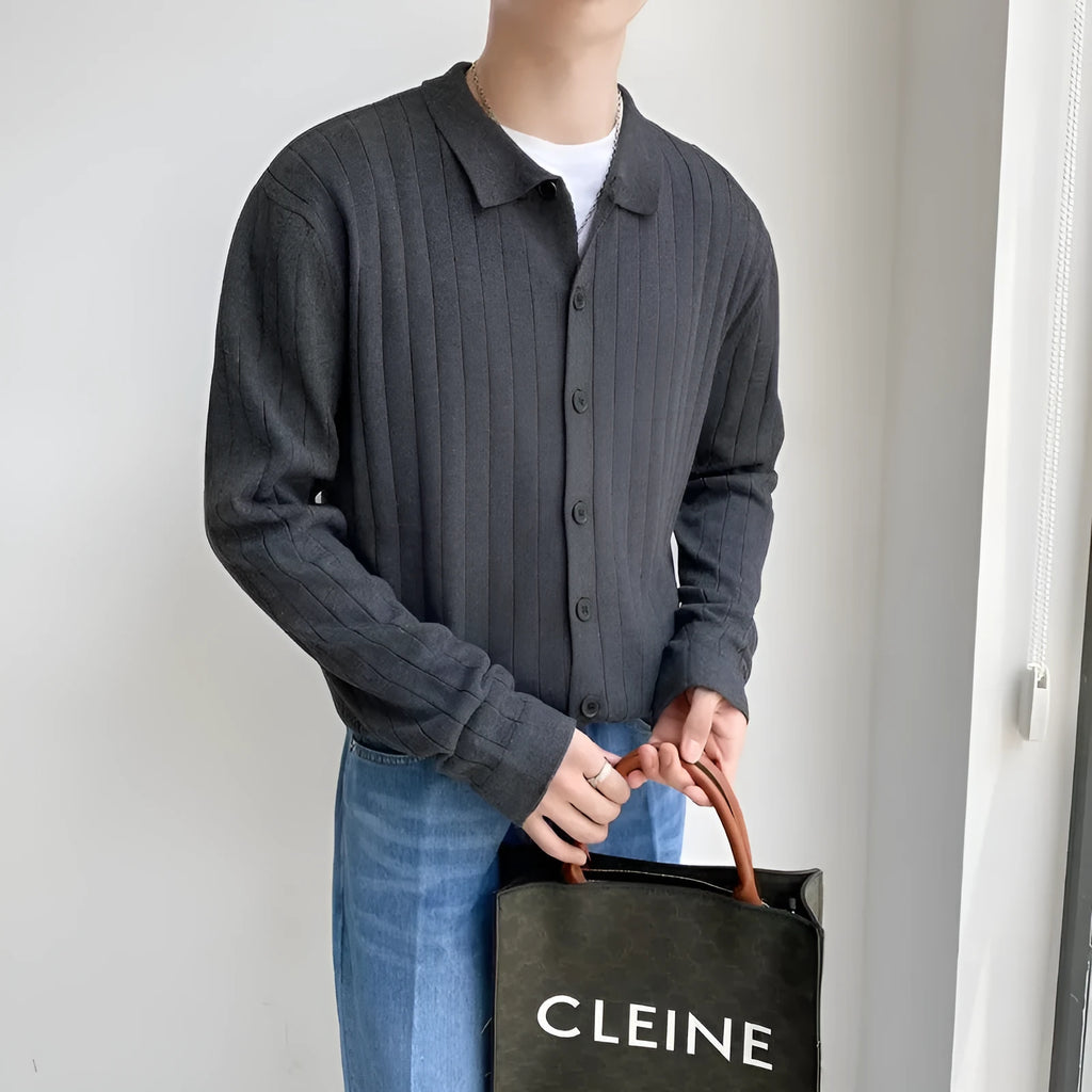 Men's casual loose lapel chenille cardigan sweater in gray, cotton blend, shown on model, front view