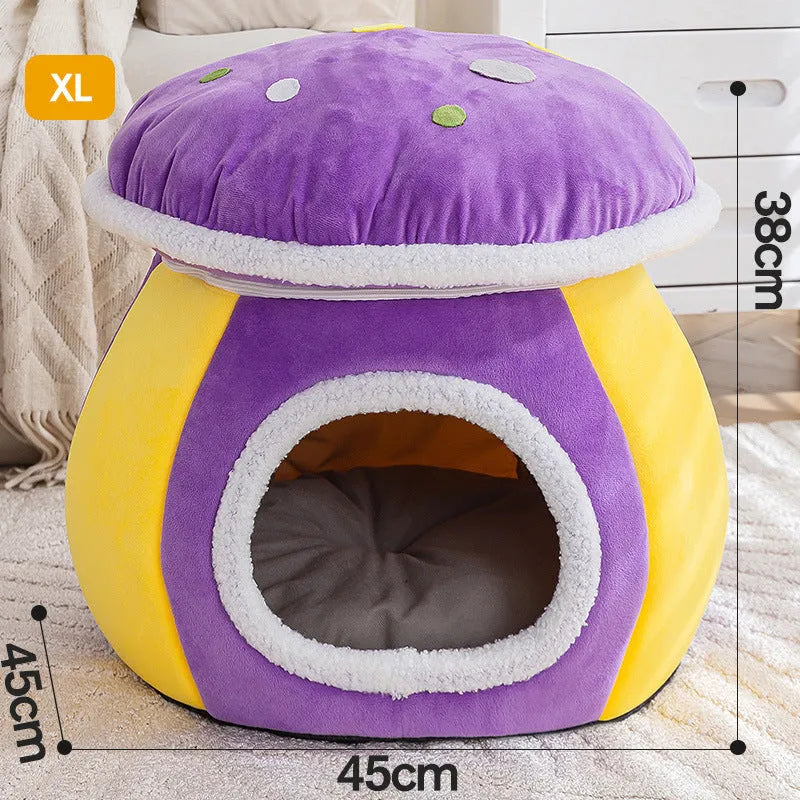 Grey mushroom-shaped plush cat bed with a detachable blanket and rabbit plush lining