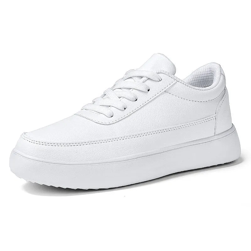 Women's leather flat casual shoes with front lace-up in white, silver, or gold colours