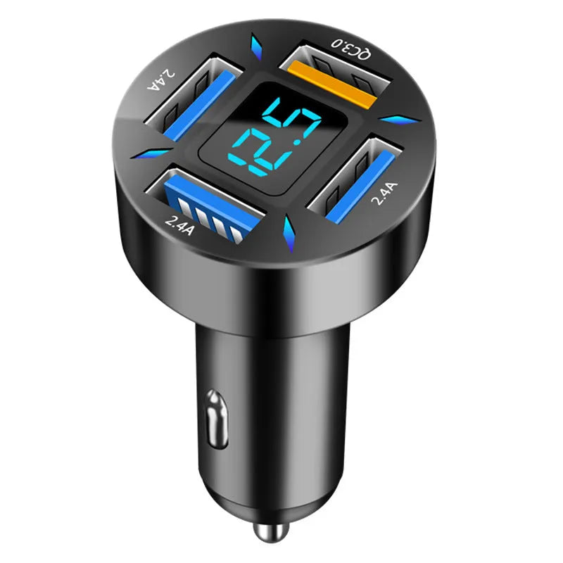 Four-port USB car charger with LED digital voltage display showing 12V.