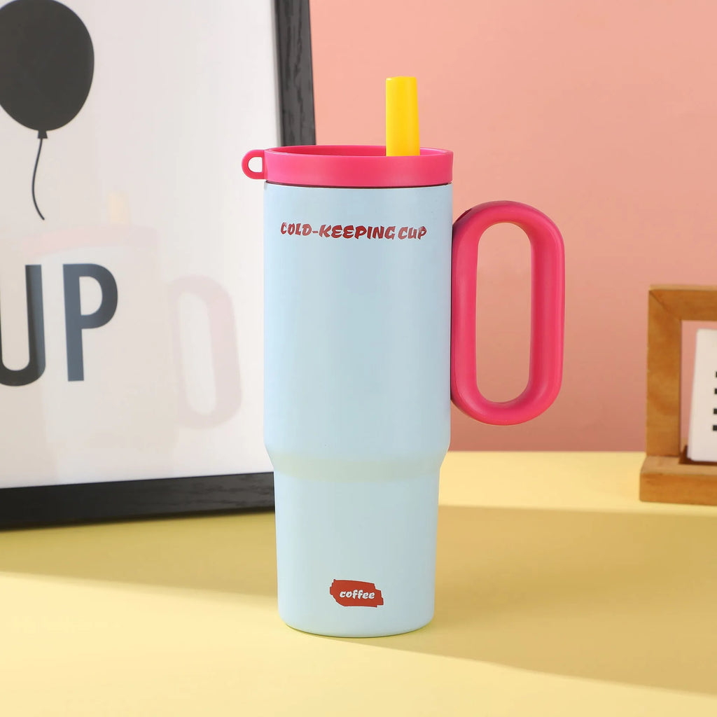 Large insulated plastic straw cup with a carry handle in a choice of five colours.