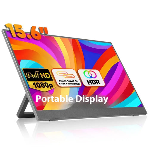 Black 15.6-inch portable monitor with adjustable stand on a desk, showing spreadsheet application