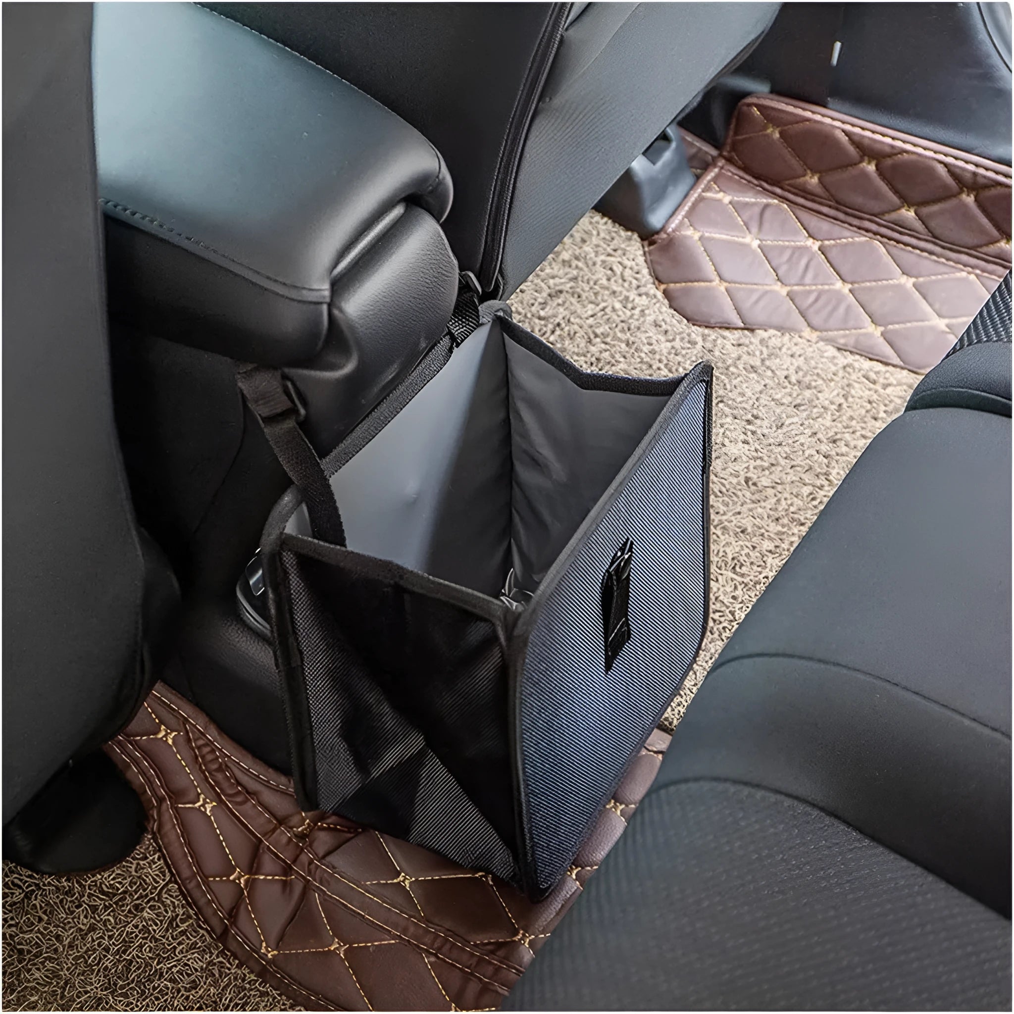 Black waterproof car folding trash can with hanging strap and oxford cloth construction
