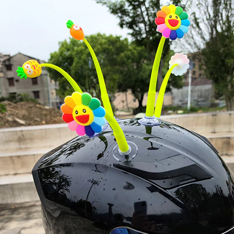 Silicone sunflower ornament with suction cup for attaching to a motorbike helmet