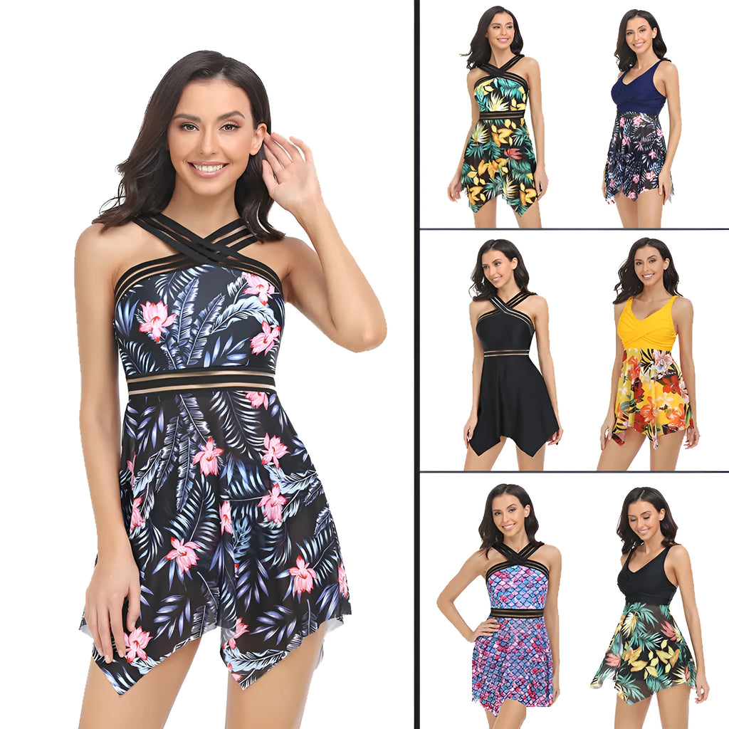 Women's one-piece swimsuit with a black tulle skirt and high-leg split design