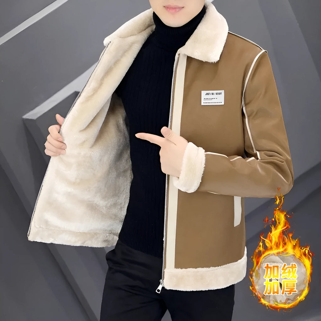 Men's corduroy padded coat with rabbit fur lining, dark brown colour, on display