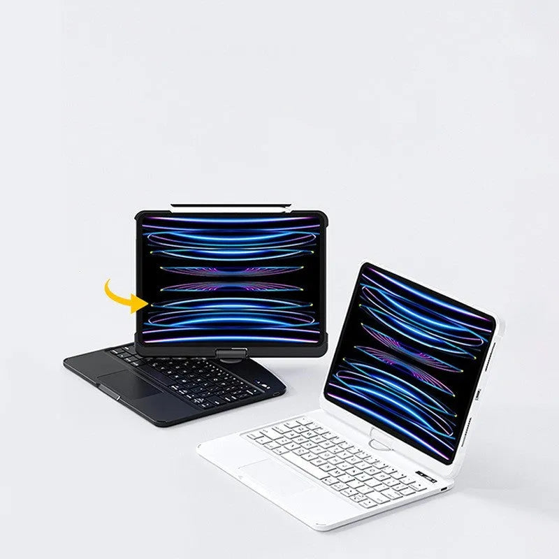 Transparent Bluetooth keyboard protective case for iPad Pro and iPad Air tablets.