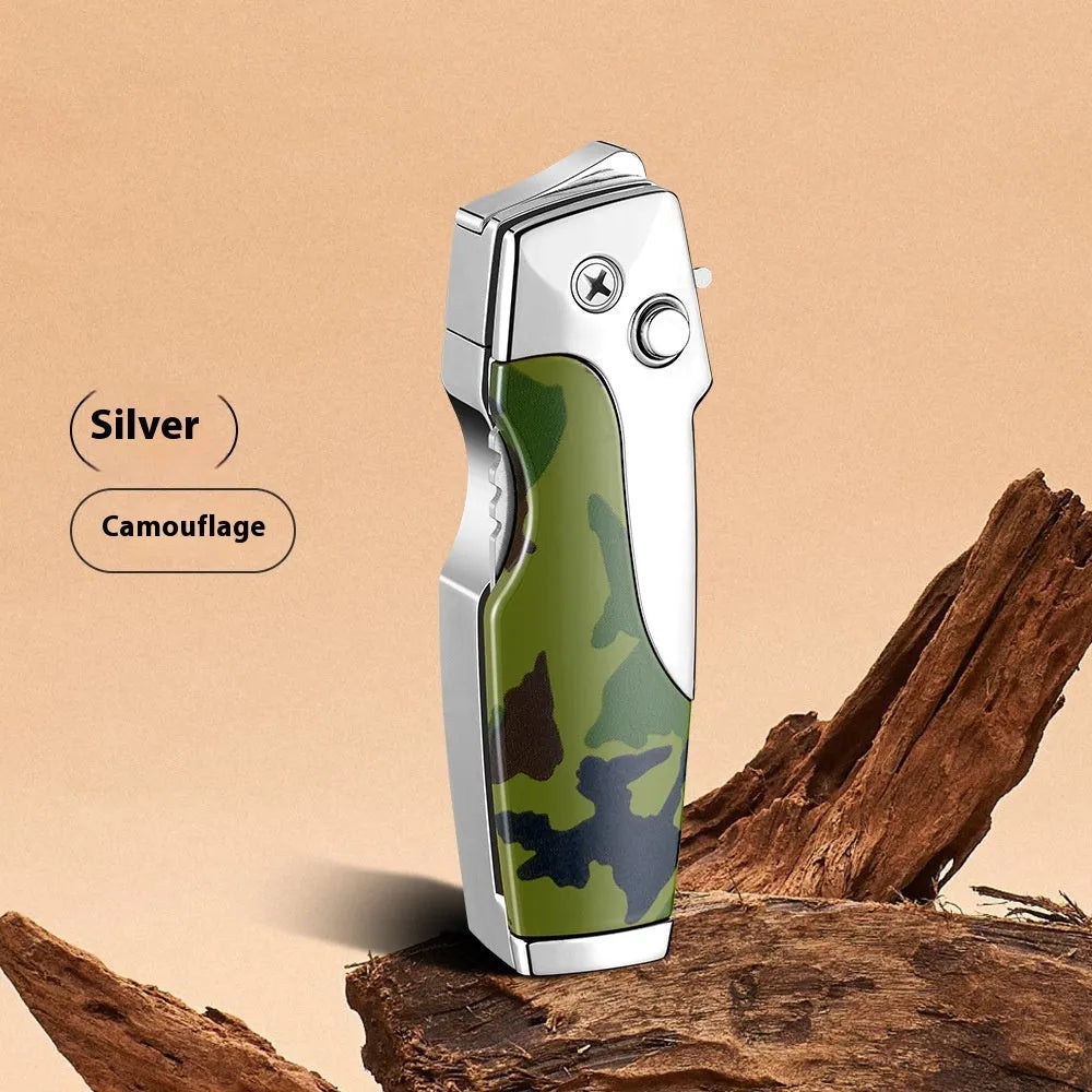 Zinc alloy metal folding lighter with integrated knife in camouflage finish