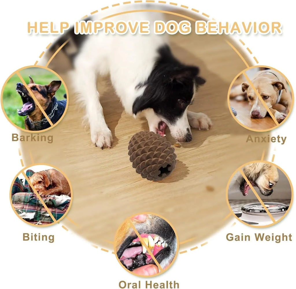 Yellow pine cone shaped natural rubber dog chew toy with treat dispenser hole