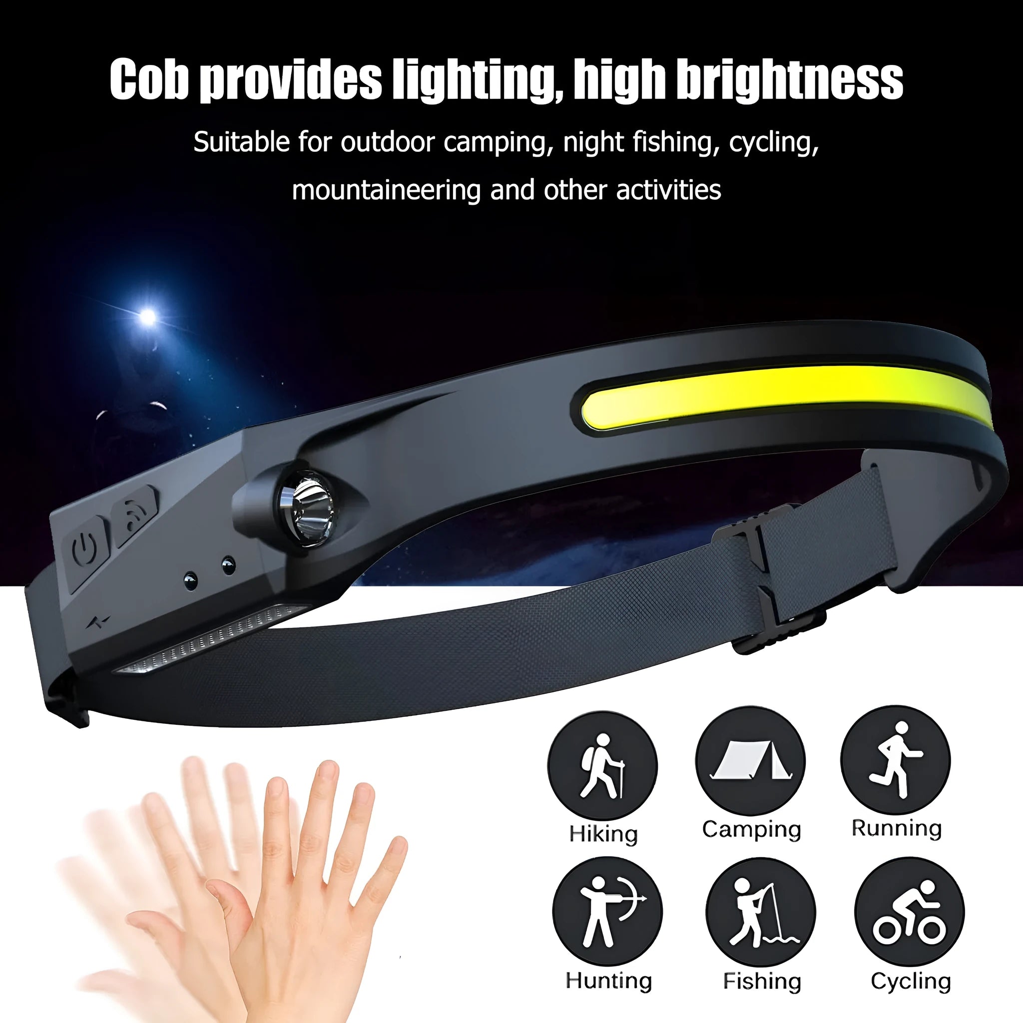 Black silicone USB rechargeable headlamp with wide LED beam and side wave sensor for outdoor use.