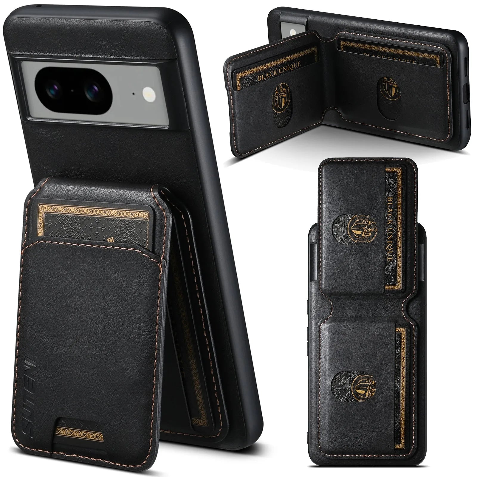 Black PU TPU back cover phone case with card slot and kickstand for Google Pixel 8