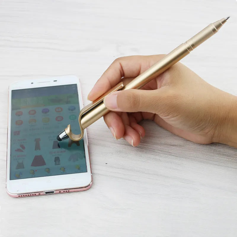 Multifunctional plastic pen with stylus tip and built-in mobile phone holder in black or blue.
