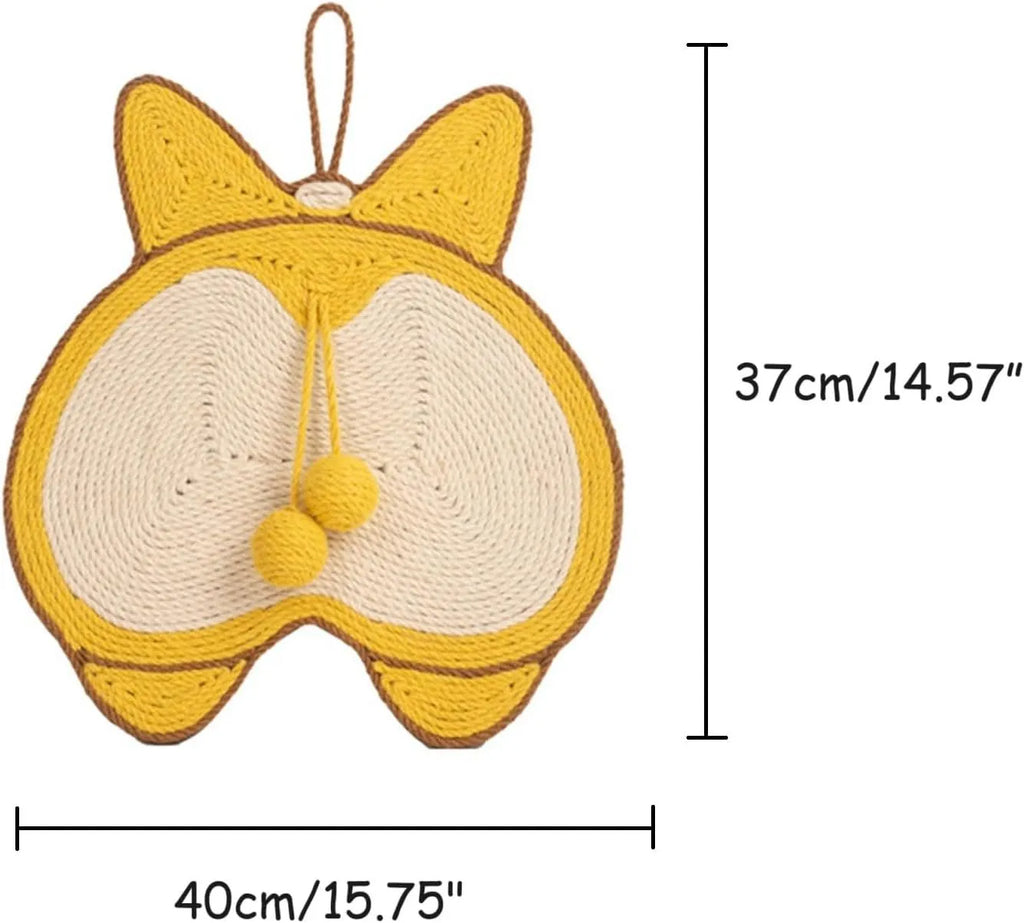 Yellow Corgi pattern sisal cat scratching board with wall hooks and anti-slip base