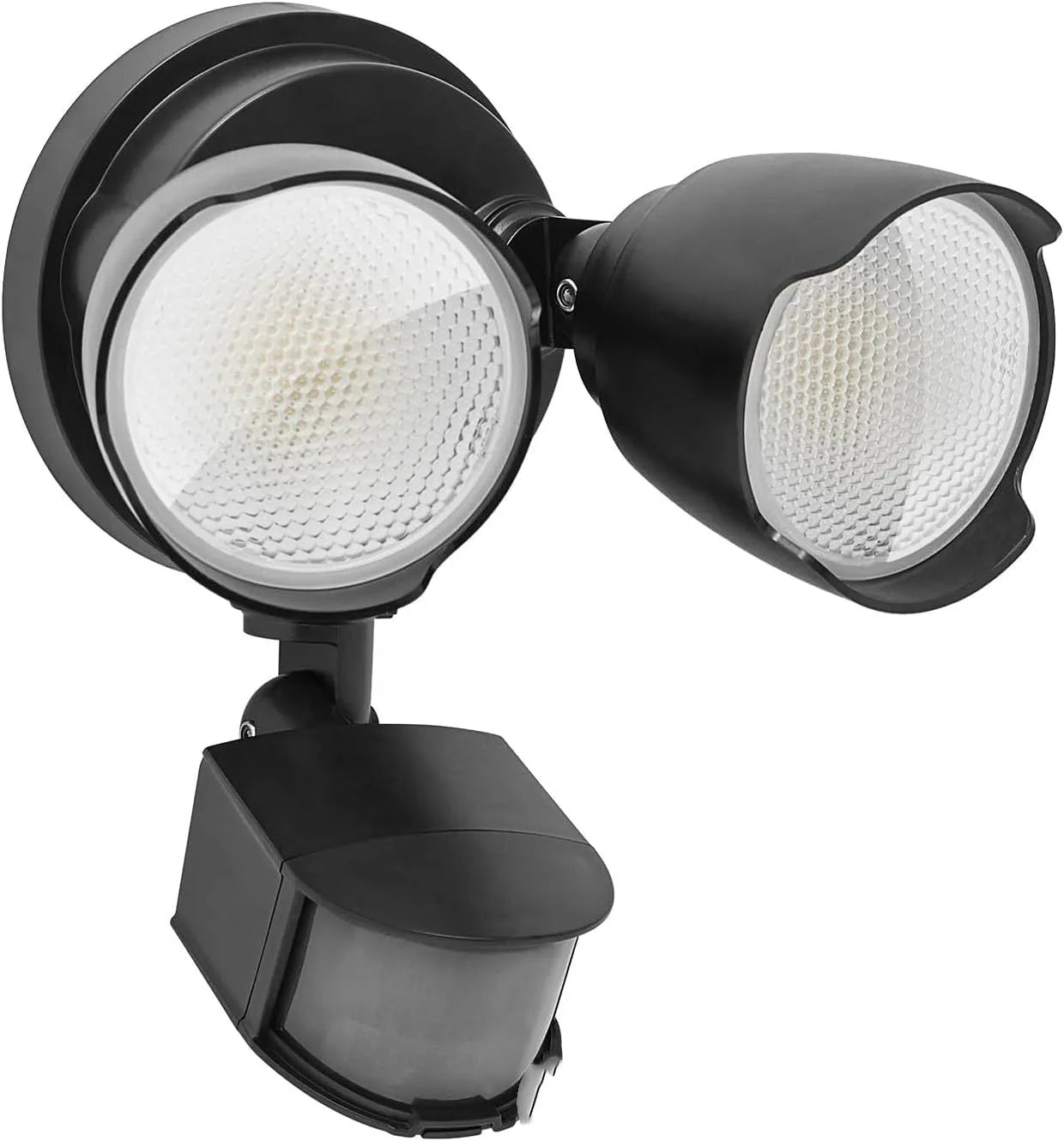 White rectangular PIR motion sensor security flood light with LED panel, showing wall mount bracket.