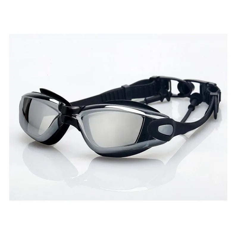 Swimming goggles with polycarbonate PC anti-fog lens and silicone strap in blue