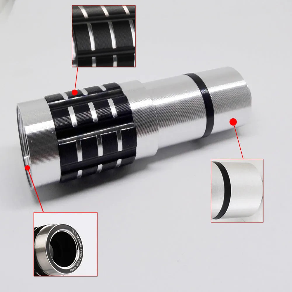 12 times telescopic smartphone lens with universal collar clip mount for long-distance outdoor filming.