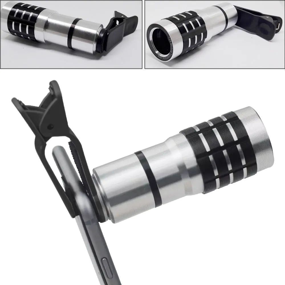 12 times telescopic smartphone lens with universal collar clip mount for long-distance outdoor filming.