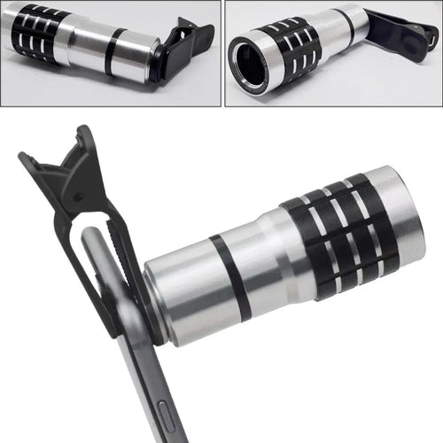 12x telescopic zoom lens with universal collar clip attached to a mobile phone for long-distance photography.
