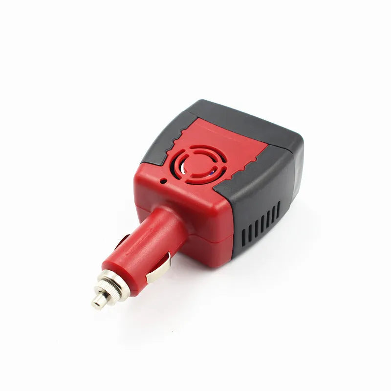Black and red 150W car power inverter converting 12V DC to 110V AC with USB port.