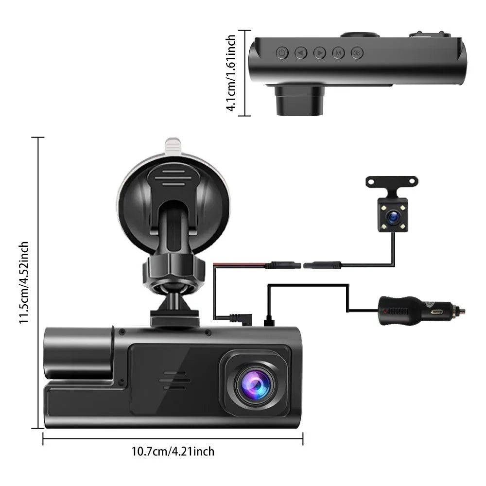 A compact black Wi-Fi dash cam with a 2.0-inch screen mounted on a car windscreen, showing a live road view.