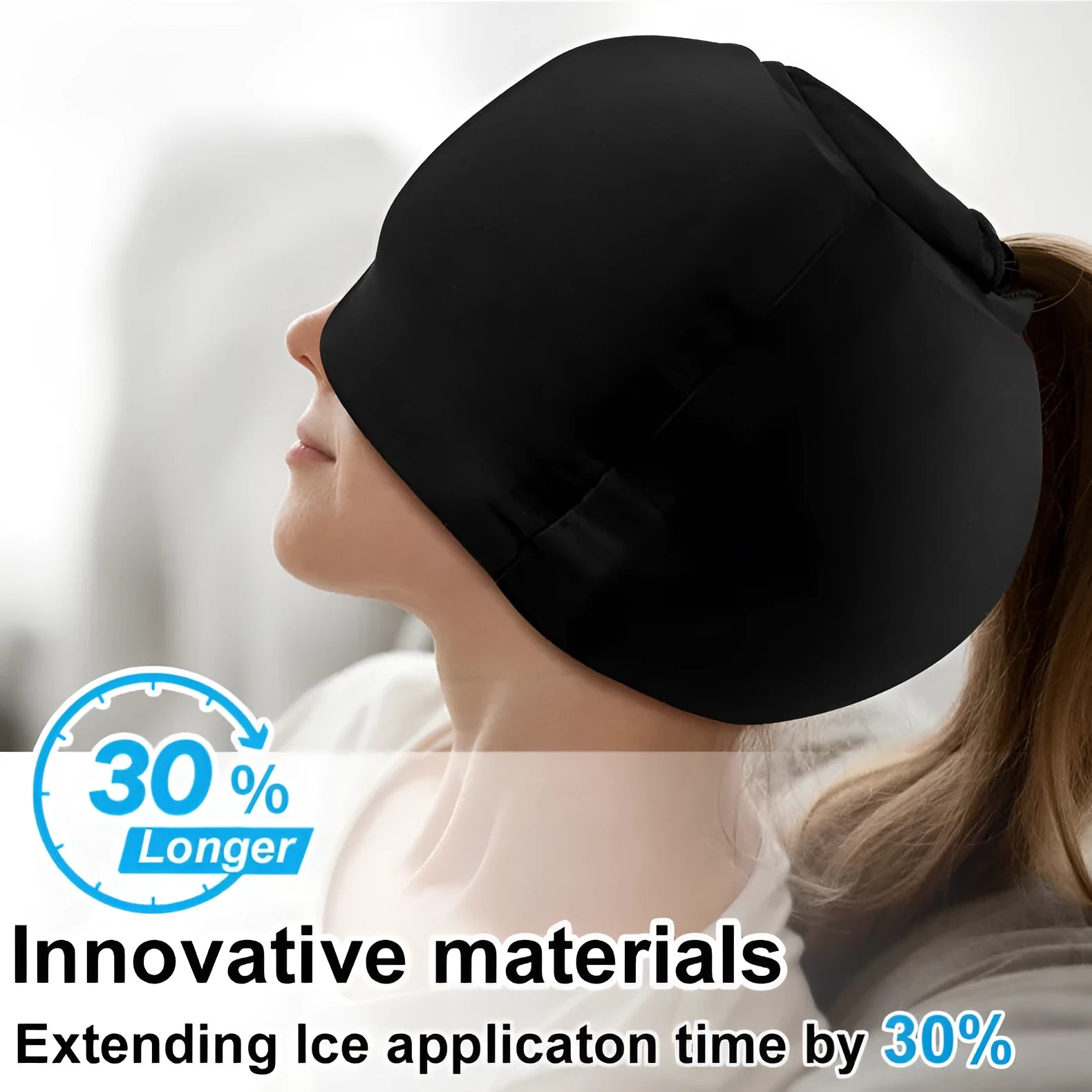 A simple solid colour fully enclosed cold compress cap made from polyester fabric.