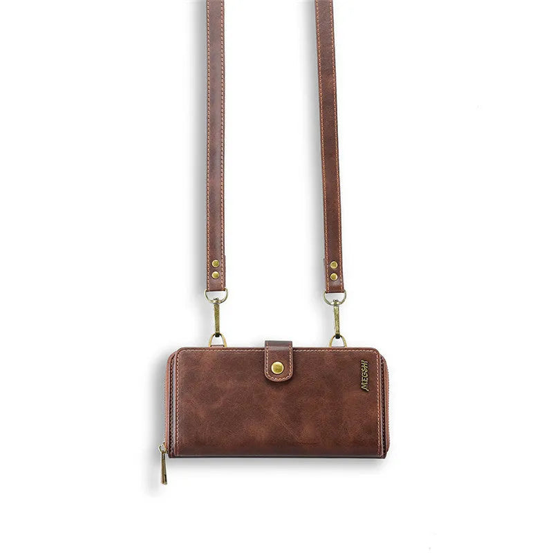 Detachable wallet backpack phone case with leather flip cover in black, blue, brown, or red.