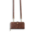 Detachable wallet backpack phone case with leather flip cover in black, blue, brown, or red.