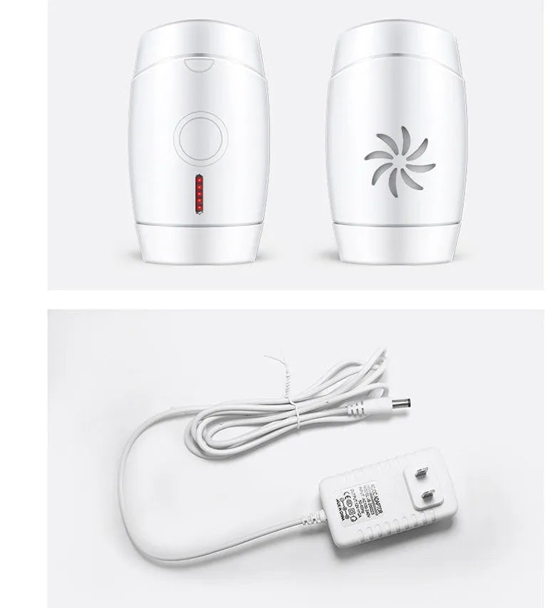 White home laser hair removal instrument with display, shown next to its power adapter and box.