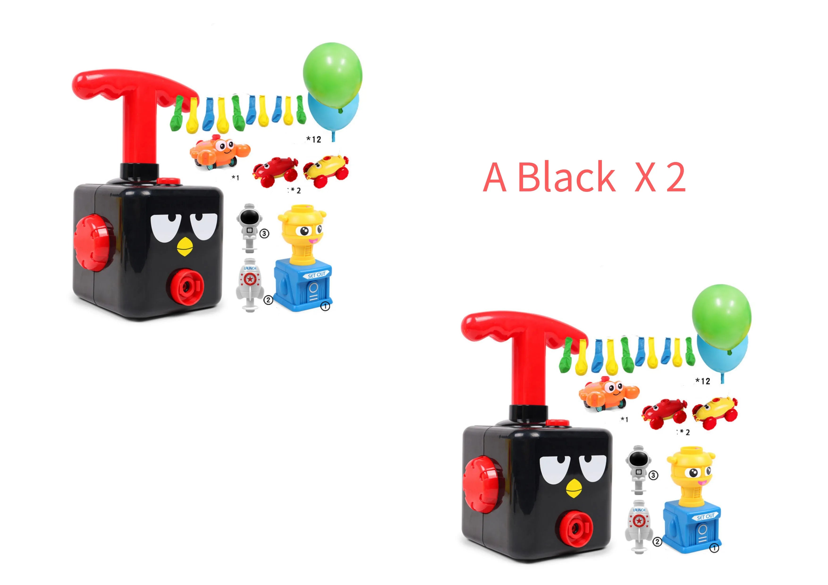Balloon-powered car toy with inflatable cylinder and trolley, ABS plastic, 11.5x11.5x22.5cm