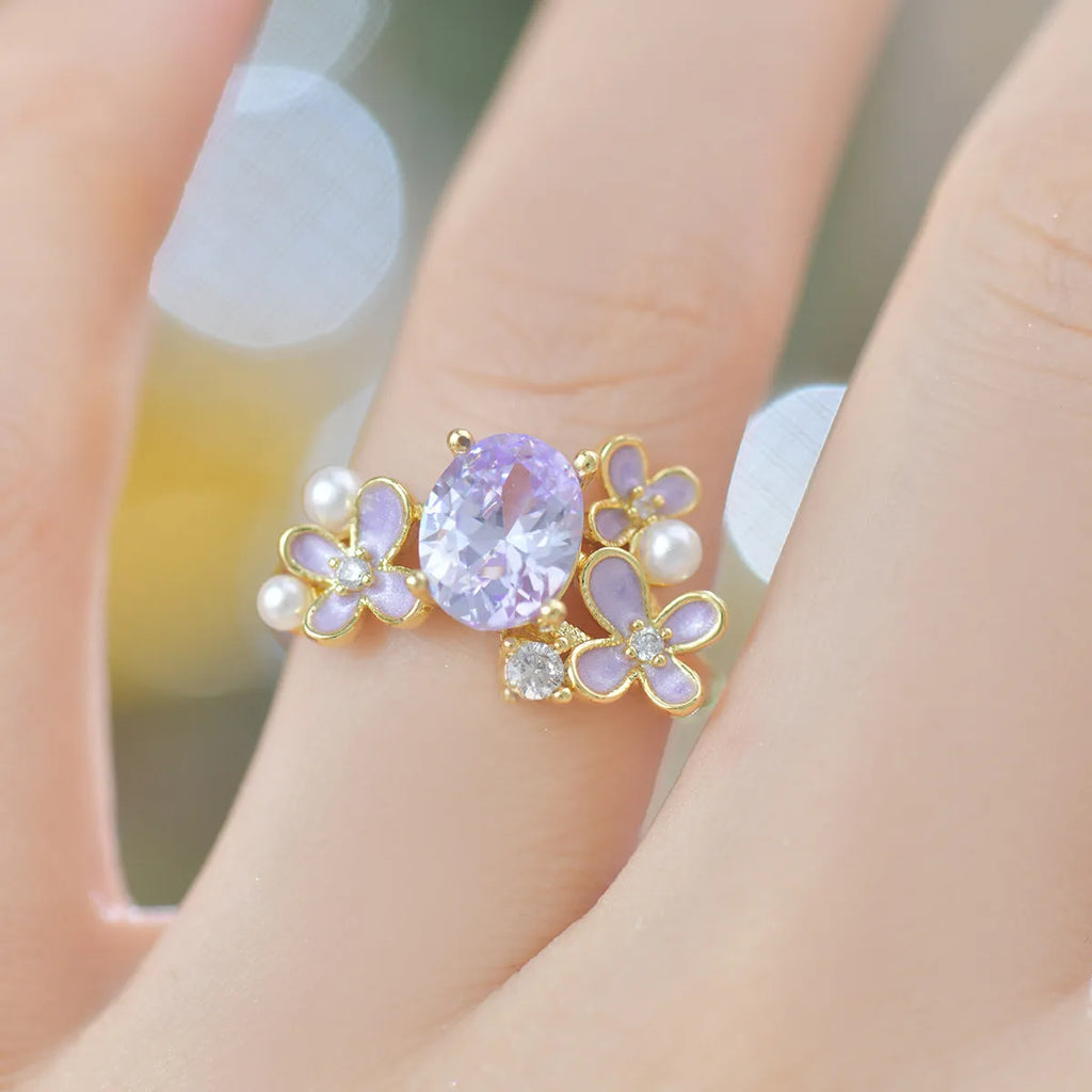Women's flower pearl zircon open ring showing adjustable opening and electroplated metal construction