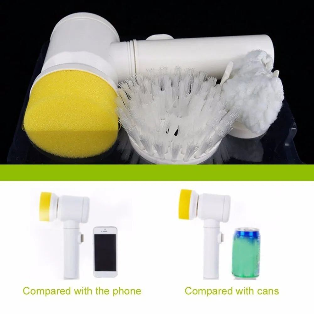 White 5 in 1 cordless electric cleaning brush with detachable ABS handle and 3 interchangeable brush heads, 19.5 x 11.5 x 6.3 cm