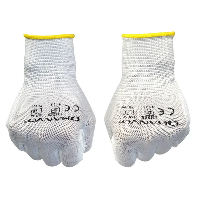 White PU coated labour gloves with breathable latex backing showing 24 cm length measurement