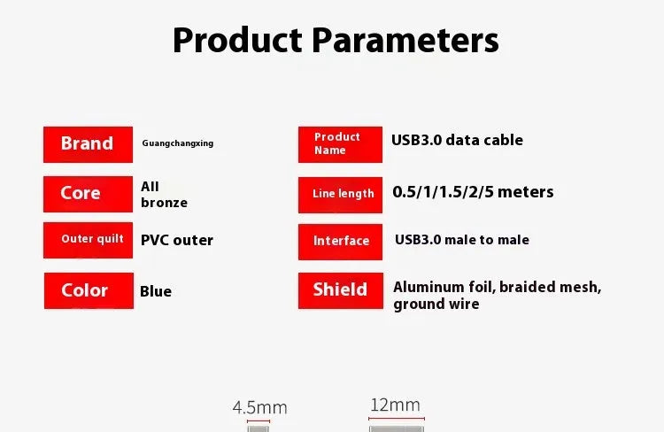 USB 3.0 data cable with nickel-plated connectors for external hard drives, shown with length options.