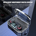 Black single earpiece Bluetooth headset with its charging case on a white background.
