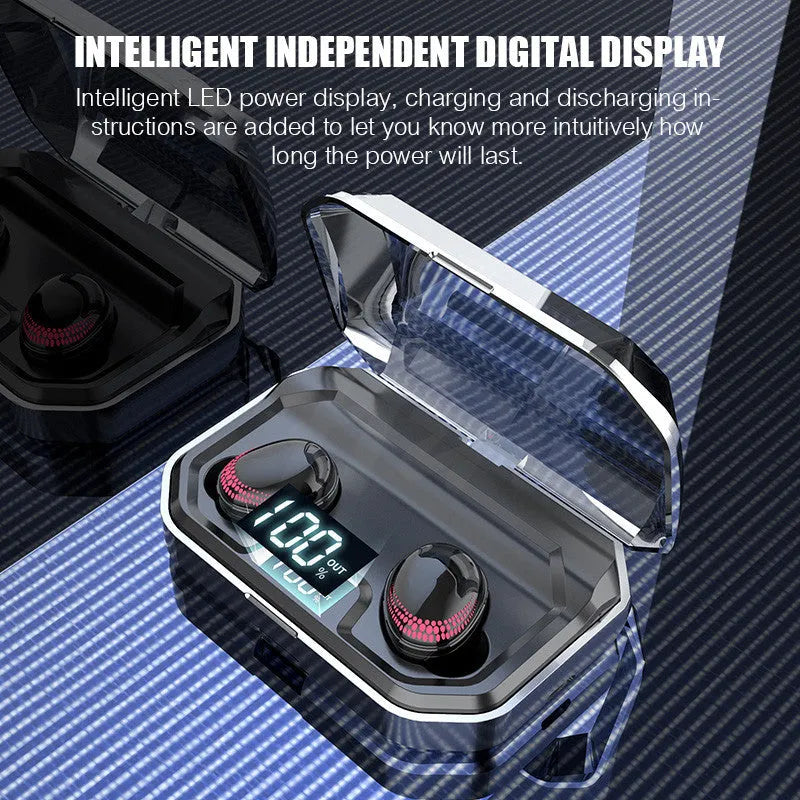 Black single earpiece Bluetooth headset with its charging case on a white background.
